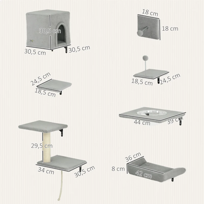 PawHut Cat Wall Shelves, 7Pcs Cat Wall Furniture Set with Shelves and Perches, House, Sisal Post Ladder, Bed & Ball, for Climbing, Sleeping, Playing, Grey