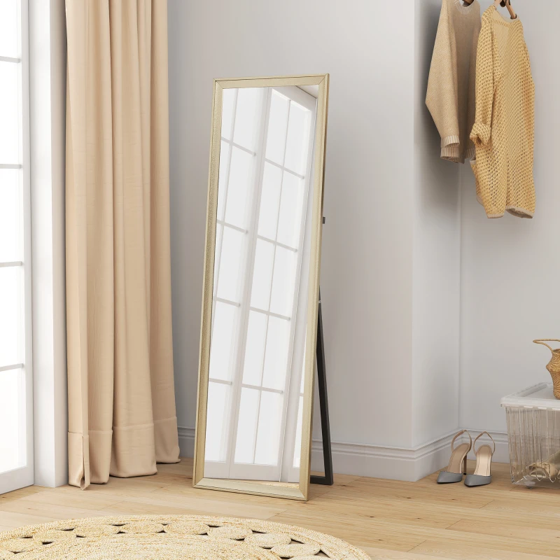 HOMCOM Lustro pełnej długości 160 x 50 cm Prostokątne, stojące z metalicznym wykończeniem, Lustro ścienne do oparcia, stojące, duże lustro dla przedpokoju, salonu, sypialni, Złote