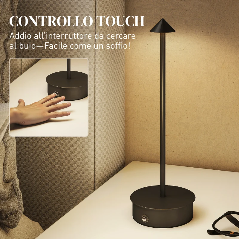 HOMCOM Lampada da Tavolo Touch Ricaricabile con USB, Regolabile 3000K/4500K/6500K, Autonomia 4-8 Ore, Nero