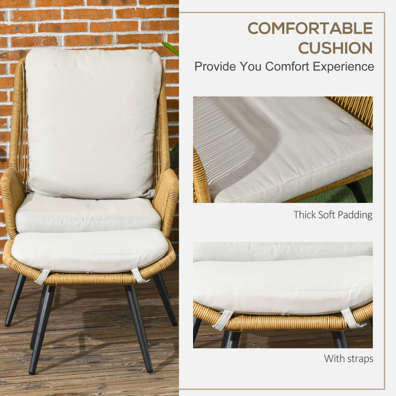 Outsunny Fotel relaksacyjny z polirattanowym podnóżkiem, fotel ogrodowy z regulowanym oparciem, fotel rattanowy z poduszką do ogrodu, balkonu, stal, poliester, naturalny