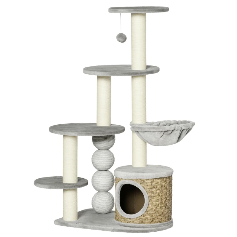 Drapak PawHut, drapak dla kota z jaskinią dla kota, drzewo wspinaczkowe z hamakiem i słupkiem jutowym, drapak dla kota, meble dla kota, jasnoszary, 115,5 cm