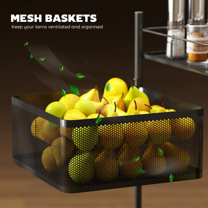 Wózek kuchenny HOMCOM z 5 poziomami, obrotowymi koszami, uchwytem, na kółkach, wszechstronny wózek do przechowywania, czarny