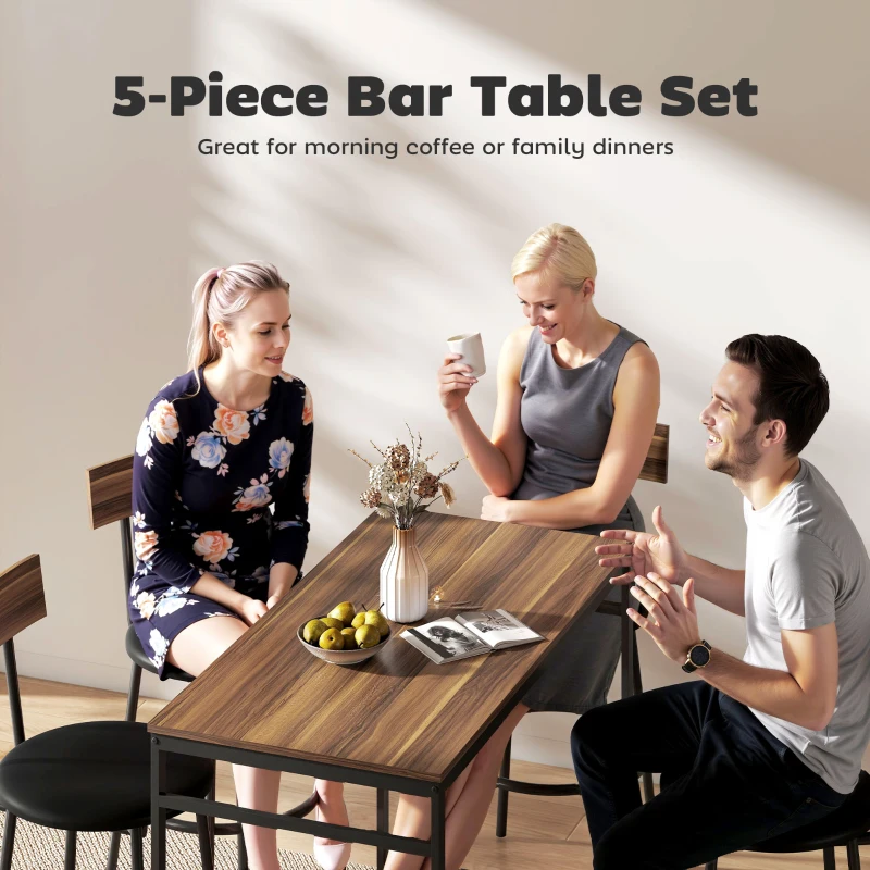 HOMCOM 5-Piece Counter Height Bar Table Set with 4 Stools, Industrial Dining Table Set for 4 with Footrest and Steel Frame for Small Spaces, Kitchen, Dining Room, Brown