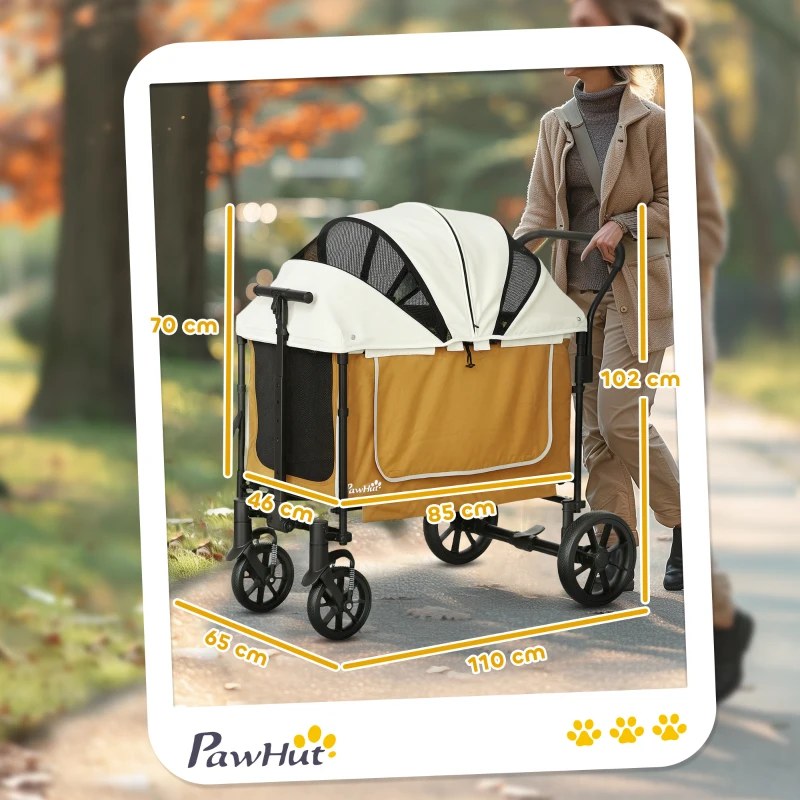 PawHut Dog Stroller, Puppy Buggy Cargo Trailer with Removable Adjustable Canopy, Storage Bag, Washable Cushion, Safety Leashes, Folding Pet Stroller for Large Dogs, Brown
