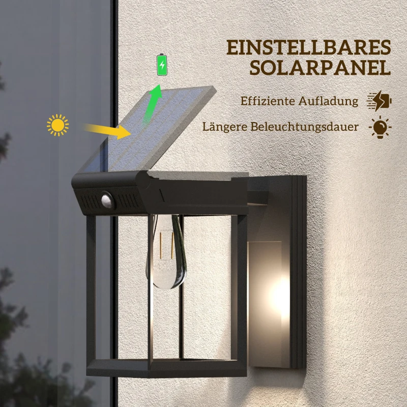Lampa solarnej ściennej Outsunny, oświetlenie zewnętrzne LED z ciepłym światłem, regulowalna jasność, czujnik światła, do ogrodu, tarasu, wodoszczelna IP44, Czarny
