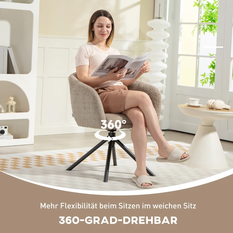 HOMCOM Fotel z podłokietnikami, obrotowy, tapicerowany lnem, do jadalni, z metalowymi nogami, do salonu, kuchni, sypialni, Jasnobrązowy