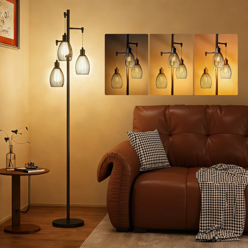 HOMCOM 3-Light Floor Lamp, 170cm Industrial Dimmable Standing Lamp with Steel Wire Cage Lampshades for Living Room, Bedroom, Dining Room, Study, Bulb Not Included, Black
