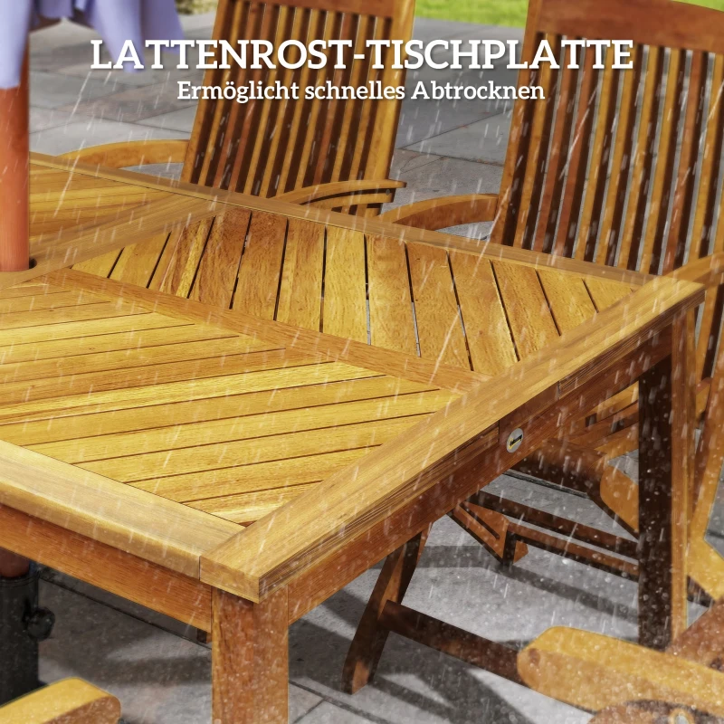 Outsunny Garden Table with Parasol Hole for 6 Person, Acacia Wood Rectangle Outdoor Dining Table with Slatted Tabletop for Patio, Balcony, 150 x 85 x 75 cm, naturalne drewno