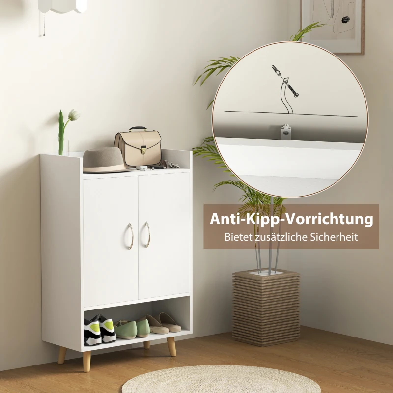 HOMCOM schoenenkast Schoenenrek met deuren en planken voor de gang en entree, moderne schoenenkast, schoenenrekken, E1 spaanplaat, massief hout, wit, 60 x 30 x 92 cm