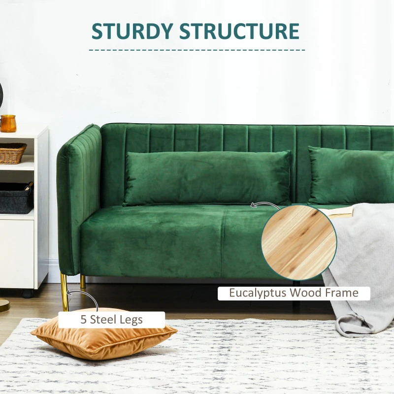 HOMCOM trzyosobowa sofa z 2 poduszkami, kanapa z podłokietnikami, tapicerowana sofa w welurowym wykończeniu, do salonu, sypialni, 200 x 88 x 76 cm, Zielona