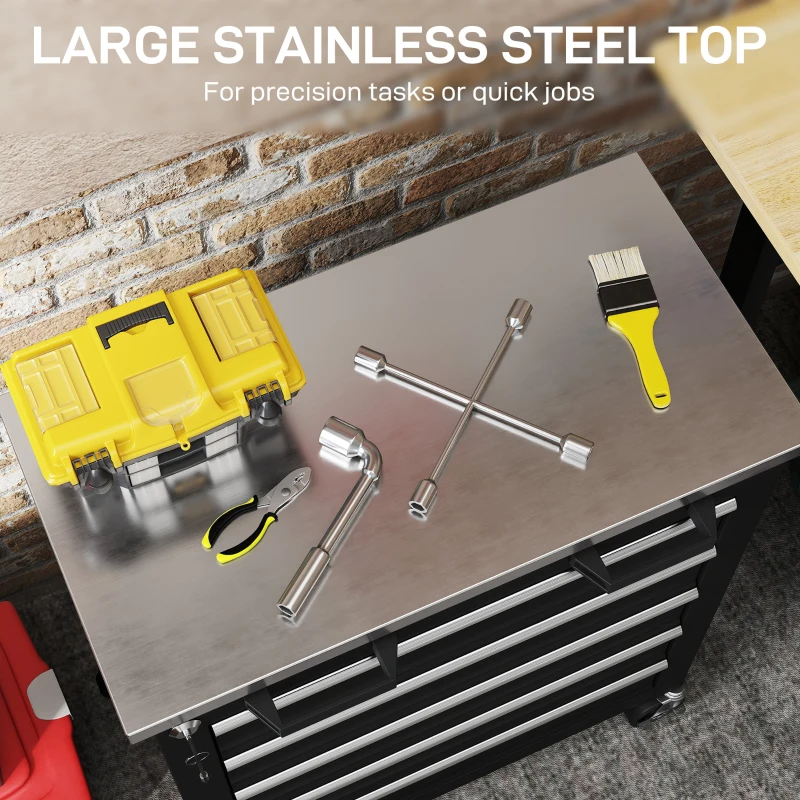 HOMCOM Wózek warsztatowy z 5 szufladami, pusty wózek narzędziowy zamykany włącznie z blatem roboczym ze stali nierdzewnej, 2 klucze & maty EVA Szafka narzędziowa na kółkach, hamulce Czarny