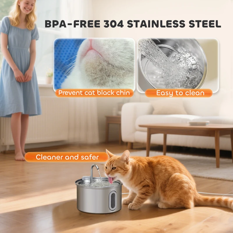 PawHut Fontanna dla kotów 2,5L z cichą pompą LED i filtrem z aktywnego węgla, łatwa w czyszczeniu, z oknem poziomu wody