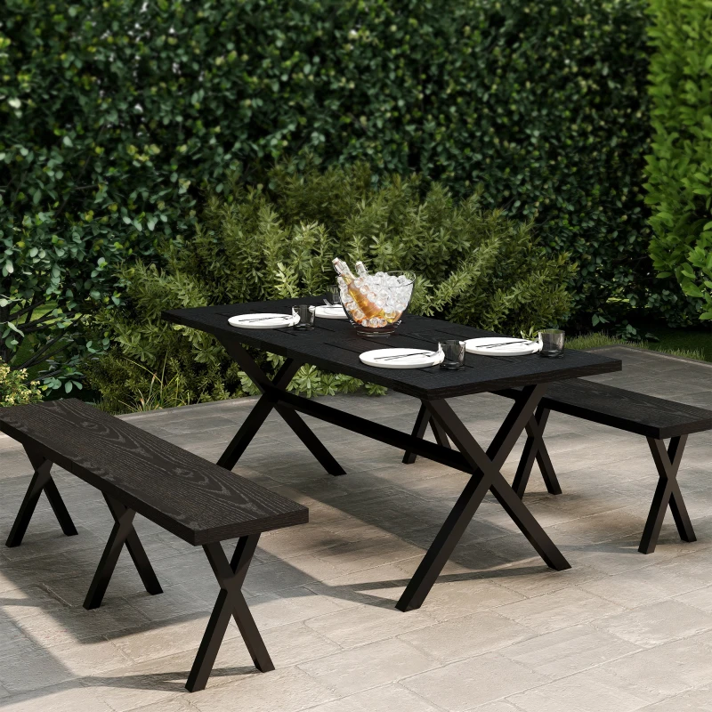 Outsunny Zestaw do Piwnego Ogródka, 3 częściowy, z Stołem, 2 Ławkami, Otworem na Parasol, Meble Ogrodowe z Wyglądem Drewna na Taras, Balkon, 180 x 80 x 73 cm, Czarny