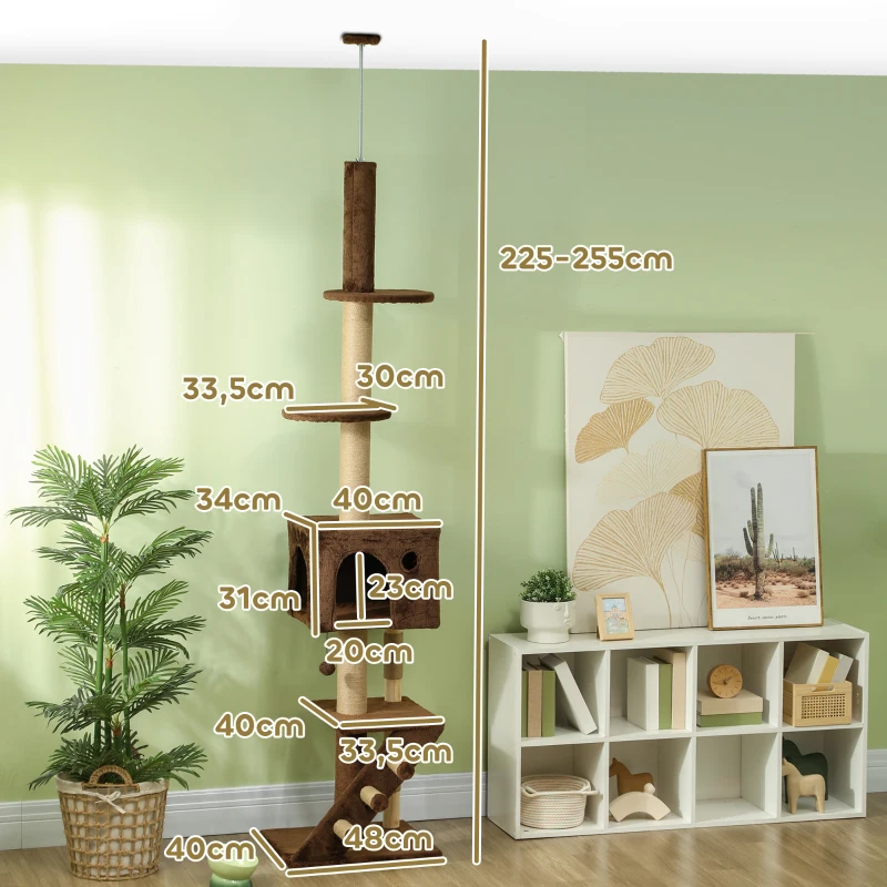 PawHut Floor to Ceiling Cat Tree, Cat Tower Adjustable Height 225-265cm, with Cat Condo, Scratching Posts, Perches, 3-Steps, Hanging Ball, Anti-tip Kit, Cat Tree Tower for Large Cat Adult, Brown