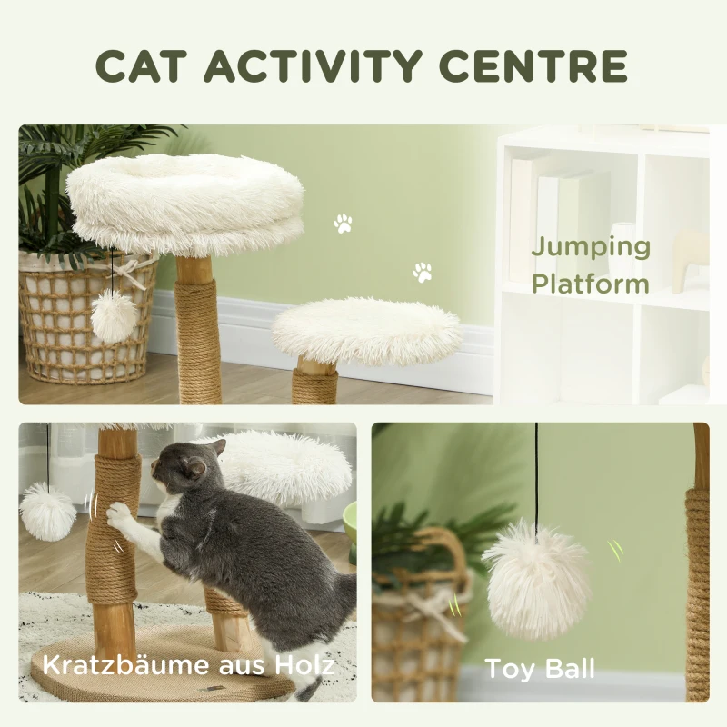 PawHut Cat Tree, 61.5cm Wooden Cat Tower with Washable Cat Bed, Scratching Post, Jumping Platform, Toy Ball, for Indoor Cats and Kittens, White