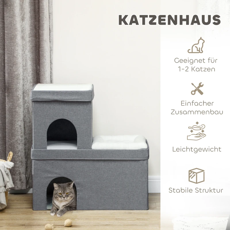 PawHut Cat House, Cat Condo with Cat Beds, Cushions, for Indoor Kittens, Grey