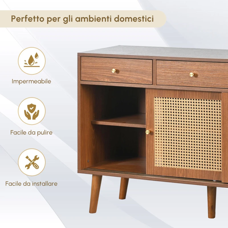 Credenza con 3 Cassetti e 3 Ante Scorrevoli con Intreccio di Rattan, Ripiani Regolabili, per Cucina e Soggiorno, 120×40×78 cm, Colore Noce