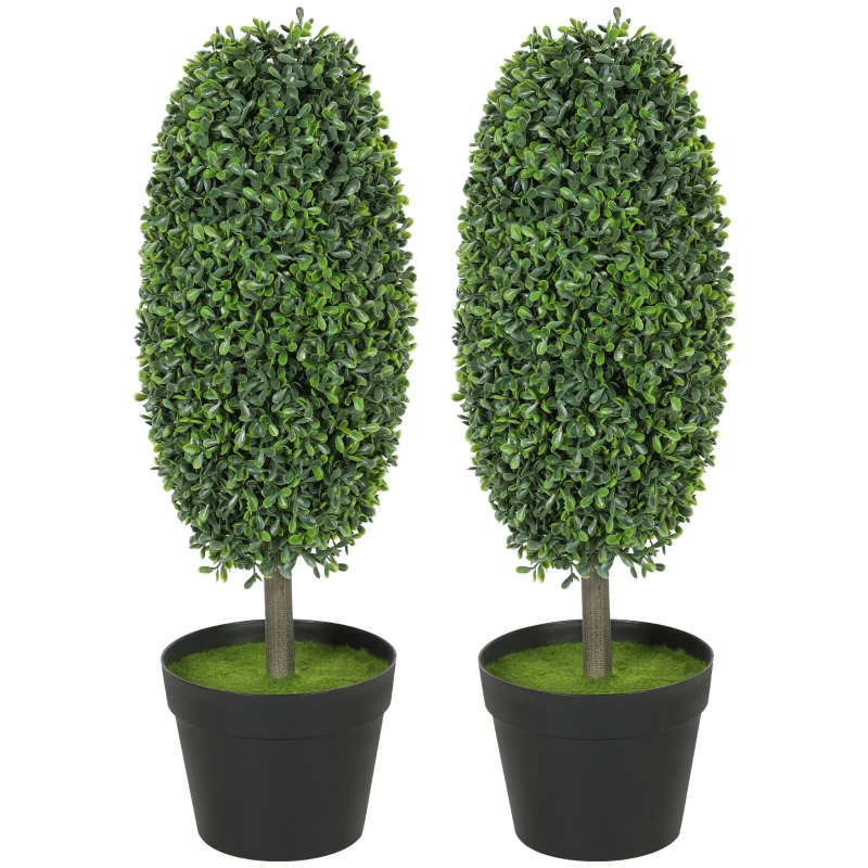 HOMCOM Set of 2 Decorative Artificial Plants, 60cm UV Resistant Faux Olive-Shaped Topiary with Plastic Pot and Flocking, Fake Plants for Indoor Outdoor Decor, Green