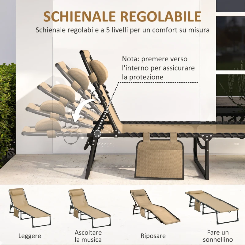 Outsunny Sdraio da Giardino Pieghevole con Schienale Reclinabile su 5 Posizioni e Cuscino, 185x58x30cm, Beige