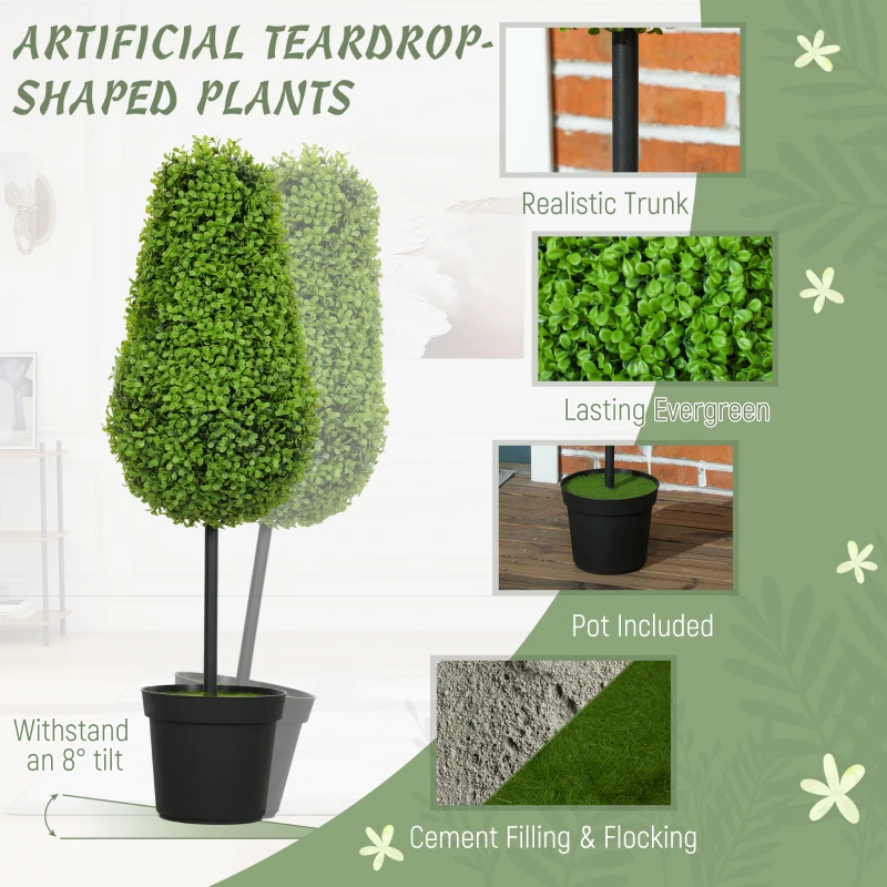 HOMCOM Set of 2 Decorative Artificial Plants, 90cm UV Resistant Faux Teardrop-Shaped Plant with Plastic Pot and Flocking, Fake Trees for Indoor Outdoor Decor, Green