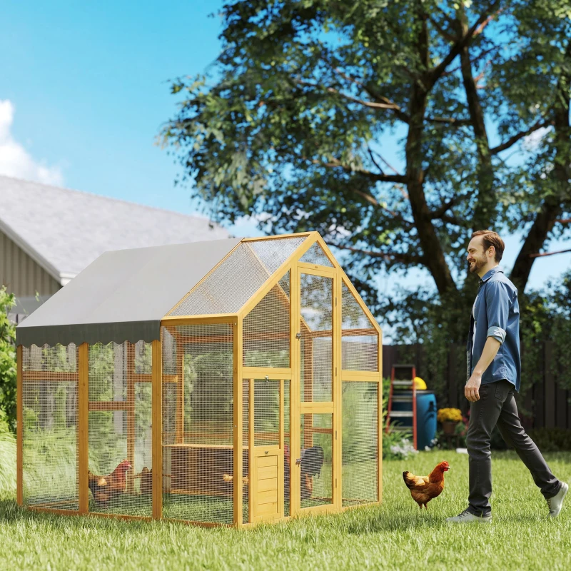 PawHut Gallinero de madera con recinto, cerradura de seguridad, puerta, 4 cajas nido, para 8-12 gallinas, aprox. 2,8 x 1,8 x 1,9 m, Amarillo