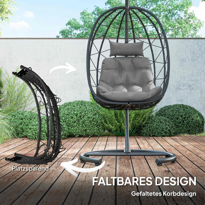 Outsunny Fotel wiszący z wikliny, fotel wiszący o wysokości 195 cm, kosz huśtawki do użytku wewnątrz i na zewnątrz, w zestawie stelaż, poduszka, wodoodporna pokrywa, do 150 kg, kolor ciemnoszary