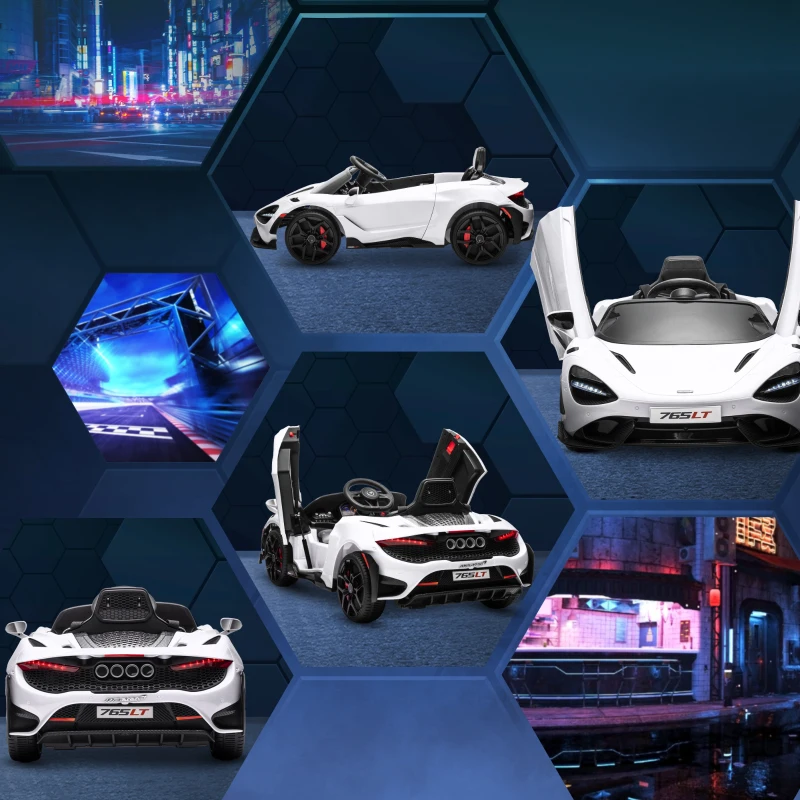 AIYAPLAY McLaren 765LT Licensed Kids Electric Ride on Car with Butterfly Doors, 12V Battery Powered Toy Car with Remote Control, Training Wheels, LED Lights MP3 Music Horn, for 3-6 Years - White