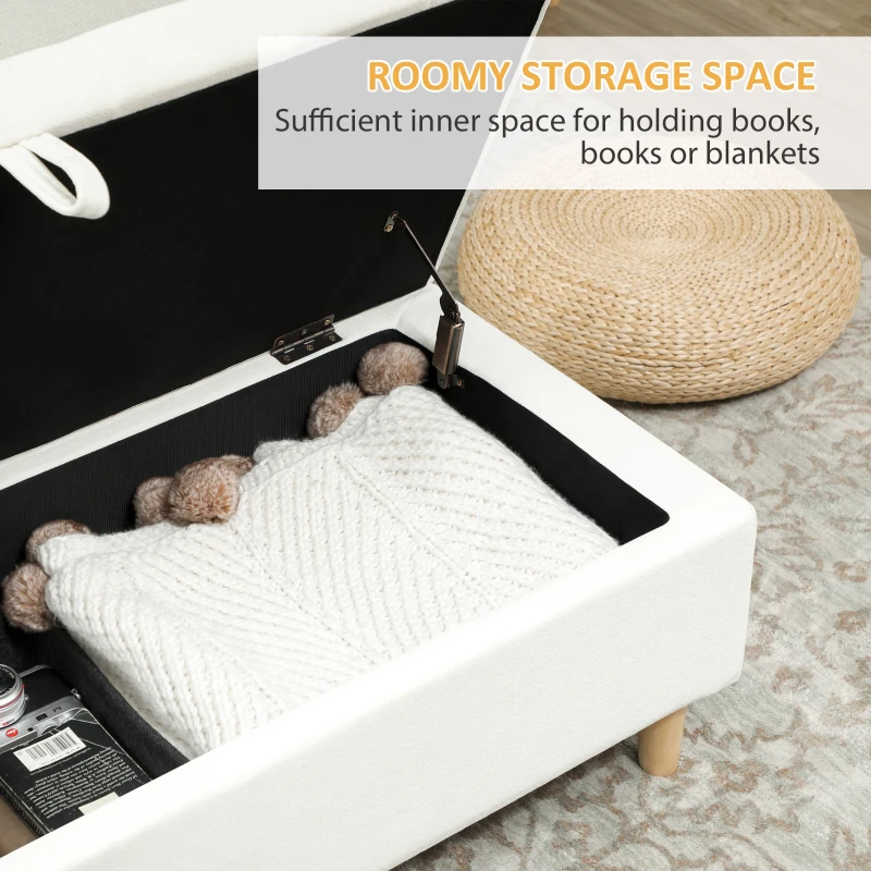 HOMCOM Storage Ottoman, 115 x 50 x 43 cm, Storage Bench with Wooden Legs, Footstool, Footrest, 84L, Velvet Surface, for Bedroom, Hallway, Living Room, Cream White