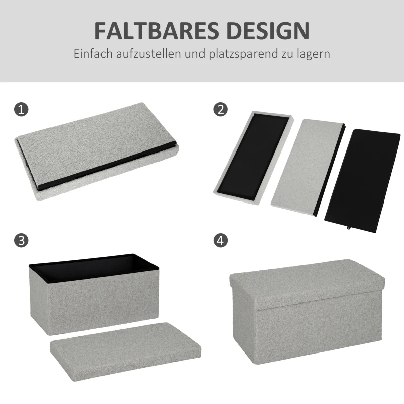 HOMCOM Ławka z miejscem do przechowywania, składana, tapicerowana ławka z wyglądem aksamitu, skrzynia, ławka do sypialni salonu przedpokoju 76 x 38 x 38 cm, Jasnoszary