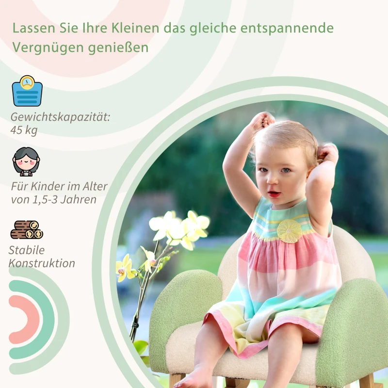 HOMCOM Sofka bujana dla dzieci do 3 lat Bujak dla dzieci Bujane krzesło dla dzieci 1,5-3 lata Fotelik do pokoju dziecięcego/kącika zabaw dla dzieci z imitacją owczej skóry drewno eukaliptusowe zielony