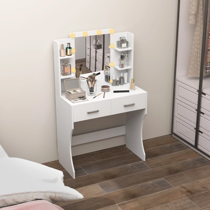 HOMCOM Dressing Table with LED Lights, Adjustable Brightness and 3 Light Colours, Modern Vanity Table with Mirror, Drawers and Open Shelves for Bedroom, White