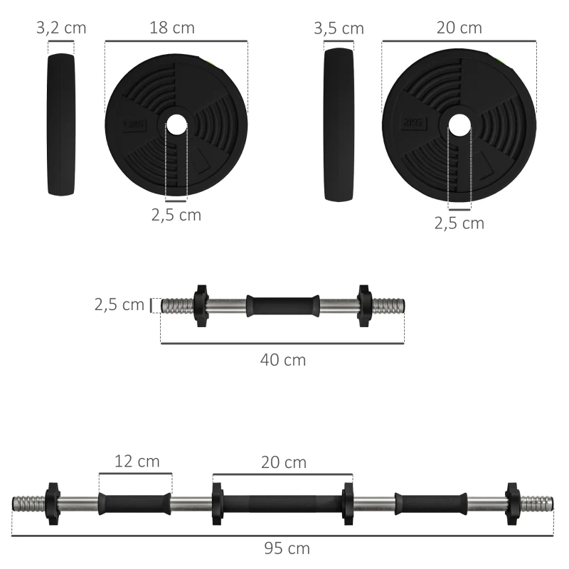HOMCOM Zestaw hantli 2-w-1, 15 kg, regulowany zestaw hantli z 8 krążkami wagowymi, dbający o podłogę, do treningu siłowego, fitness, podnoszenia ciężarów, Czarny