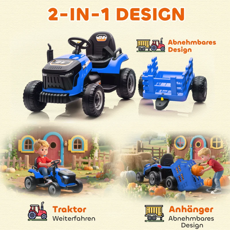 AIYAPLAY Elektryczny traktor dla dzieci z przyczepą, traktor na baterie z pilotem, 2 silniki, 3-biegowy pojazd elektryczny dla dzieci z muzyką, klaksonem, dźwiękiem startu, miękki start, 3-5 km/h, dla dzieci 3-8 lat, Niebieski