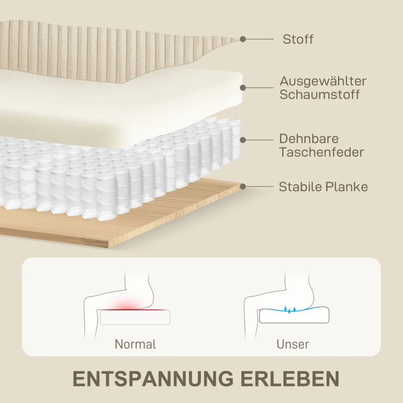 HOMCOM Modern 3 Seater Sofa with Spring Cushion, 212 cm Fabric Sofa Couch with 2 Scatter Cushions, Upholstered Corduroy Settee for Living Room, Bedroom, Home Office, Cream White