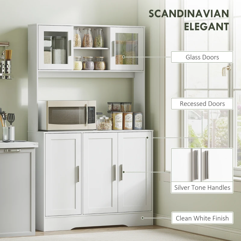 HOMCOM Kitchen Cupboard, Scandinavian Freestanding Kitchen Storage Cabinet with Adjustable Shelves, Tempered Glass Doors and Open Countertop for Dining Room, White