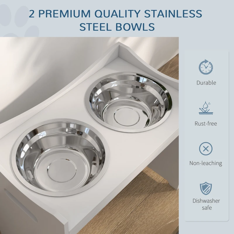 PawHut Podniesiona miska dla psa, regulowany stojak na pokarm, stacja żywieniowa z 2L misą stalową, stojak na pokarm, uchwyt, bar dla psów wszystkich rozmiarów, Biały