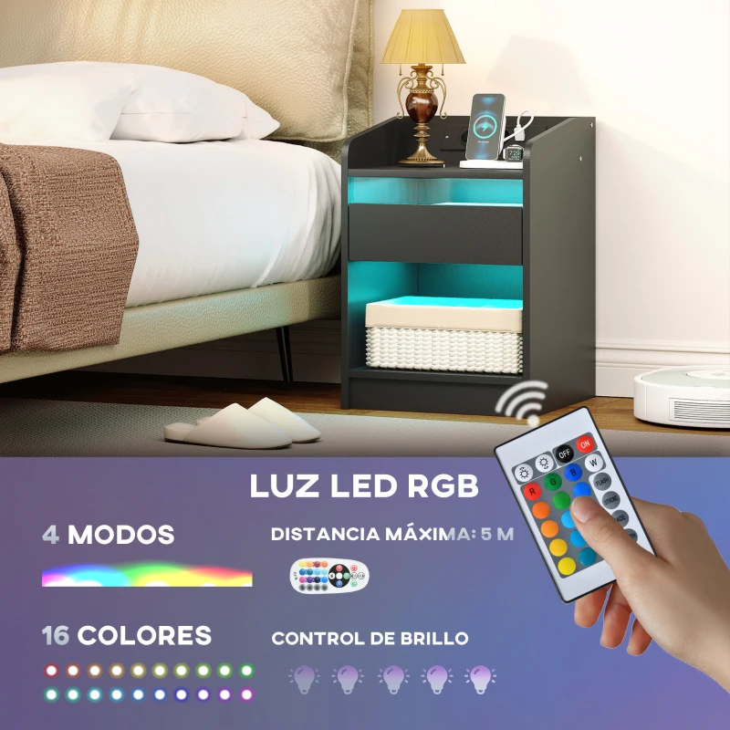 HOMCOM Mesita de Noche con Estación de Carga Luz LED RGB Cajón Estante Abierto Puertos USB y Control Remoto 40x40x58 Cm Negro