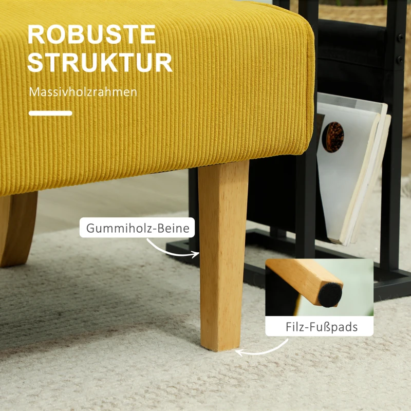 Sofa 2-osobowe, żółte, z drewnianymi nogami, styl cord