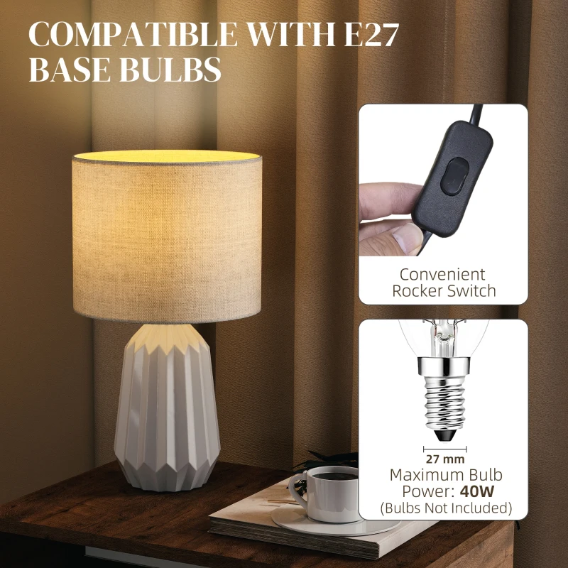 HOMCOM Lampka Stołowa z Abażurem z Lnu, Przełącznik Wippschalter, Ceramiczna Lampka Nocna w Stylu Vintage, E27, Biała