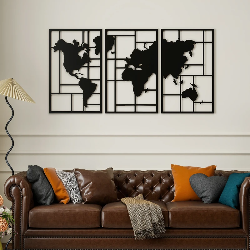 HOMCOM Decoração de Parede em Metal com Mapa Múndi Conjunto de 3 Peças Quadros de Parede Metálicos Preto