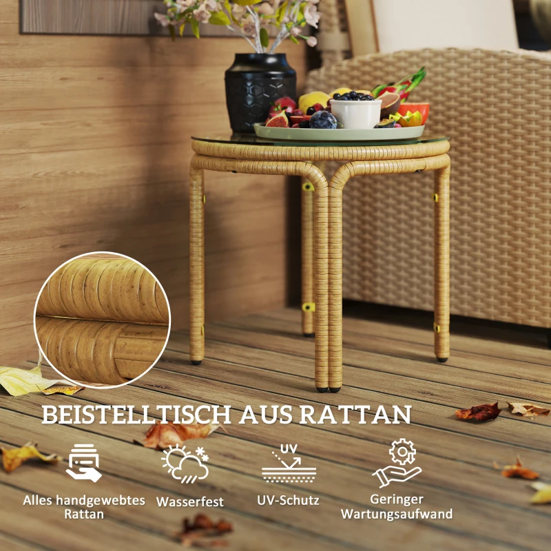 Outsunny Rattan Side Table, Round Outdoor Coffee Table, with Round Glass Tabletop for Patio, Garden, Balcony, Yellow