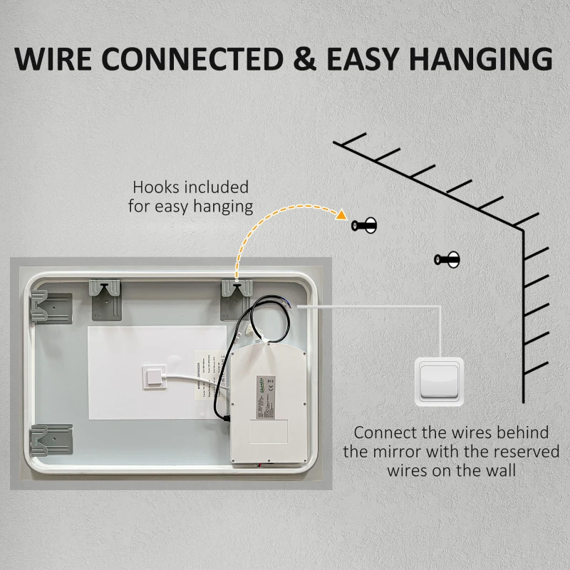 kleankin Espelho Casa de Banho com Luzes LED 80x60 cm Função Antiembaciamento 3 Cores Função de Memória e Interruptor Tátil Prata