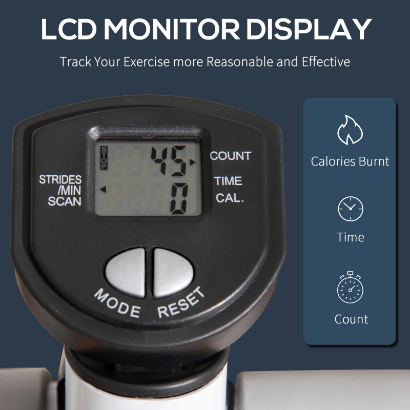 Stepper HOMCOM z uchwytem - Fitness Trener Domowy, małe urządzenie do ćwiczeń nóg i pośladków z ekranem LCD, regulowana prędkość, metal ABS, biały + szary 55 x 53 x 118-128 cm