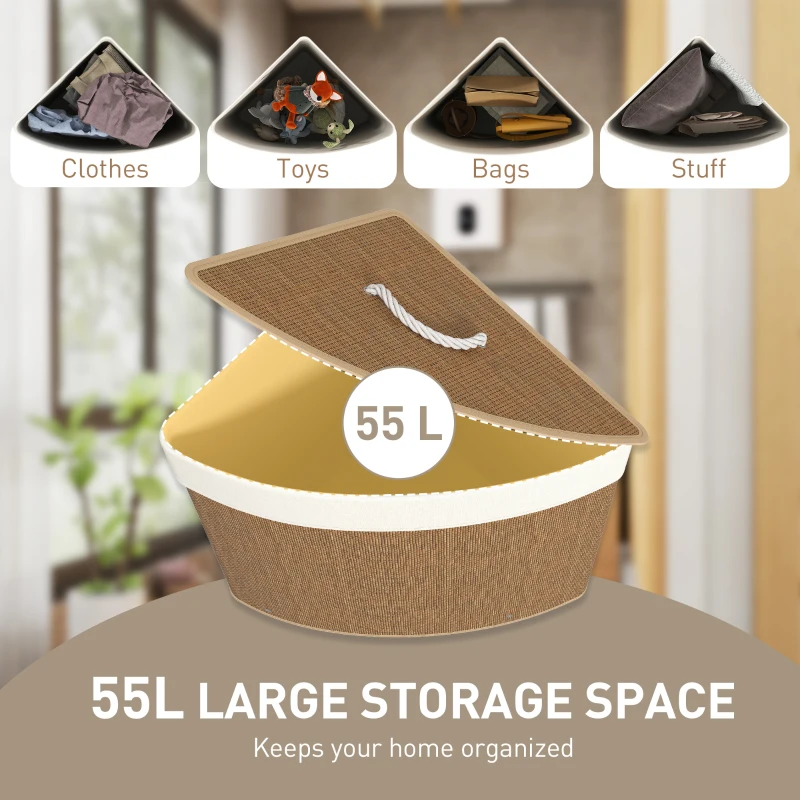 Kosz na pranie HOMCOM z bambusa z pokrywą 55 L narożny zbieracz ubrań z wyjmowanym workiem na pranie, kosz na bieliznę do łazienki pralni sypialni Brązowy