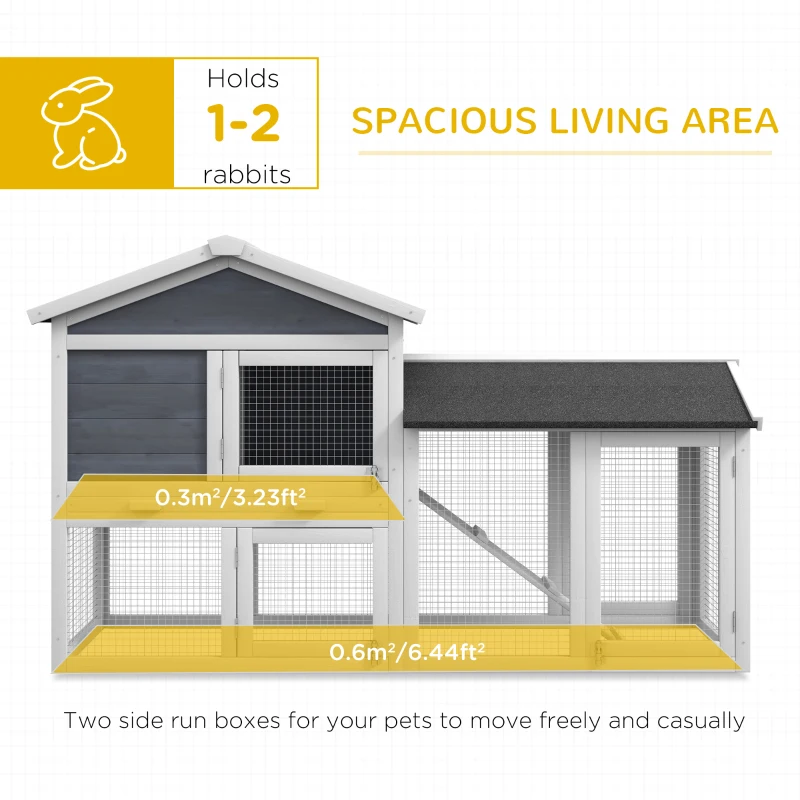PawHut Klatka dla królików, 2 piętra, z wybiegiem, rampą, 147x54x84 cm, szara, wodoodporny dach z filcu bitumicznego, dla królików miniaturowych, świnki morskie, na zewnątrz