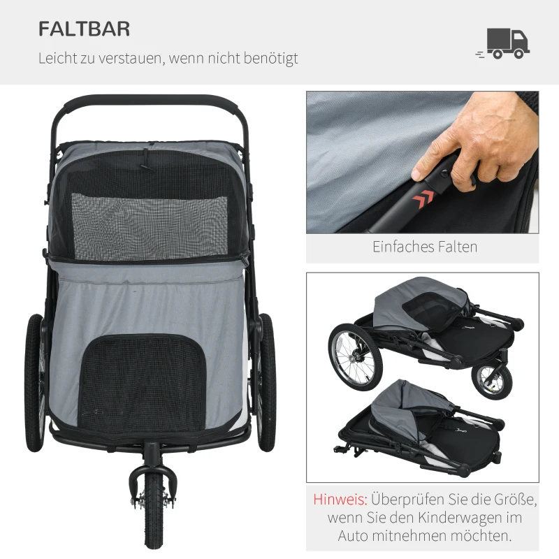 PawHut Wózek dla Psów z Okienkami Sieciowymi, Składany Wózek dla Kota z Smyczą Bezpieczeństwa, Duże Gumowe Koła dla Psów Średnich i Dużych do 30 kg, Oxford, Szary