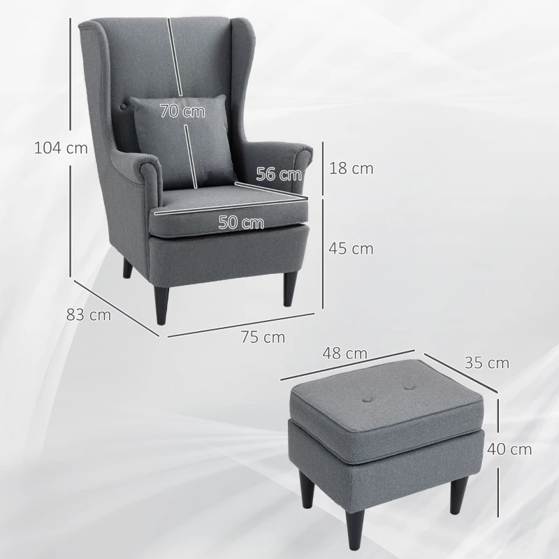 HOMCOM Oorfauteuil met Hocker in Linnen Look, Lendekussen, Loungefauteuil Modern Relaxfauteuil met Armleuning voor Woonkamer Grijs