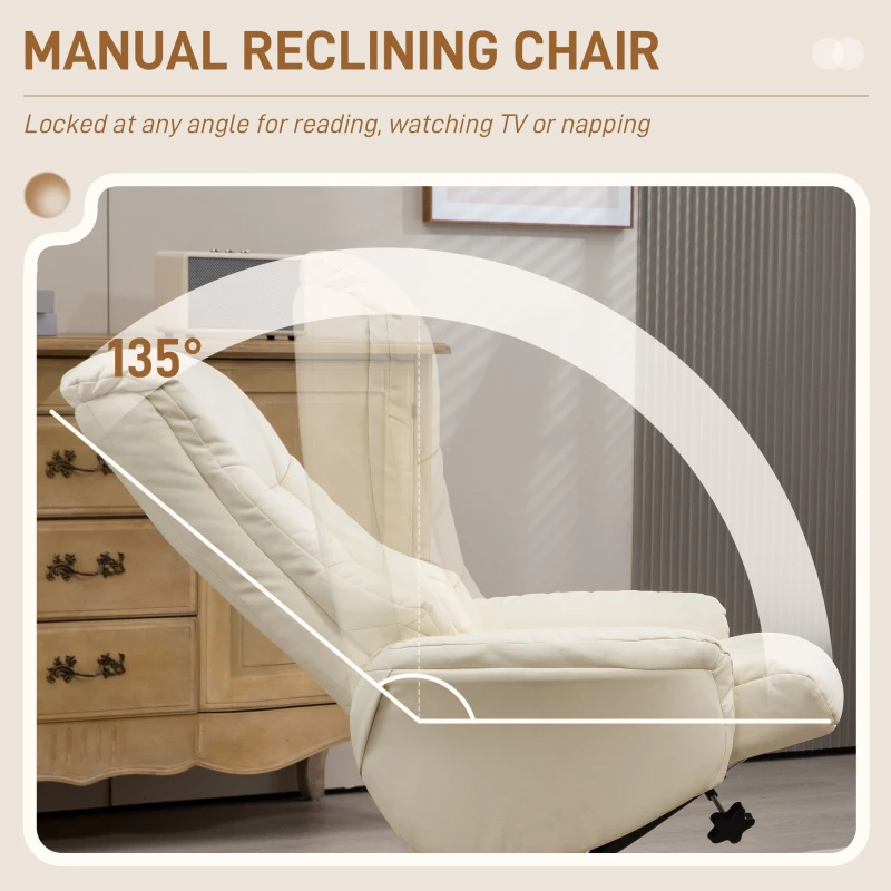 HOMCOM Fotel Wypoczynkowy z Podnóżkiem, Telewizyjny z Funkcją Leżenia i Bujania, Wysokie Oparcie, Nogi z Drewna do Salonu, Sypialni, Skóra Ekologiczna, kolor Kremowy