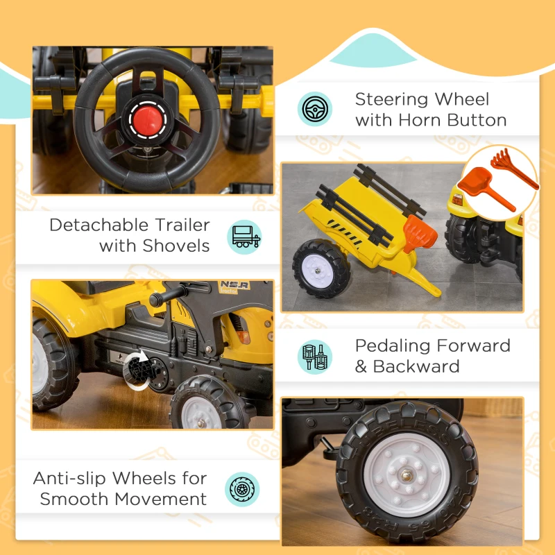 HOMCOM Traktor na Pedały z Przyczepą, Pojazd na Pedały z Łyżką, Traktor Dziecięcy dla Dzieci od 3 Lat, Żółty