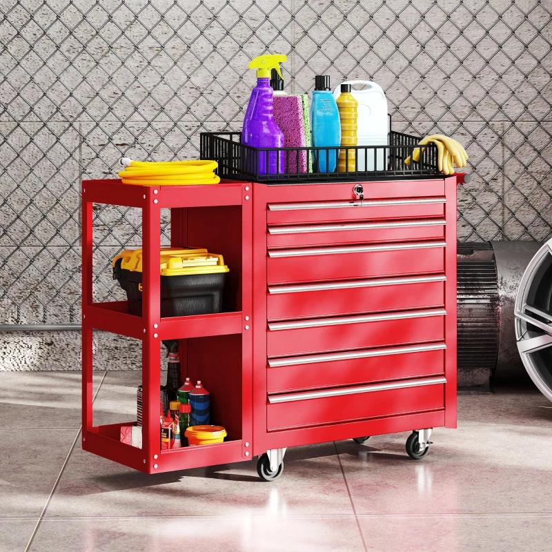 HOMCOM Carro de Herramientas con 7 Cajones Estantería de 3 Niveles Desmontable Sistema de Cierre Central Asa Rojo